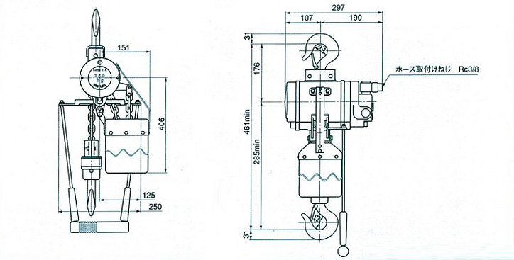 RHL-250拉杆式气动葫芦尺寸图片