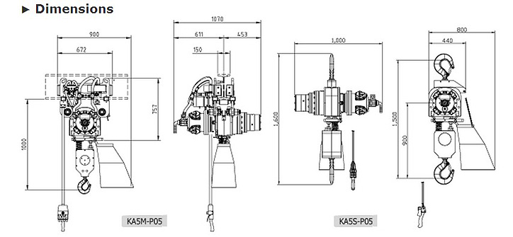 KA5-P05型气动葫芦尺寸参数图片