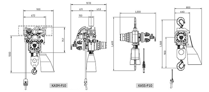 KA5-P10型气动葫芦尺寸参数图